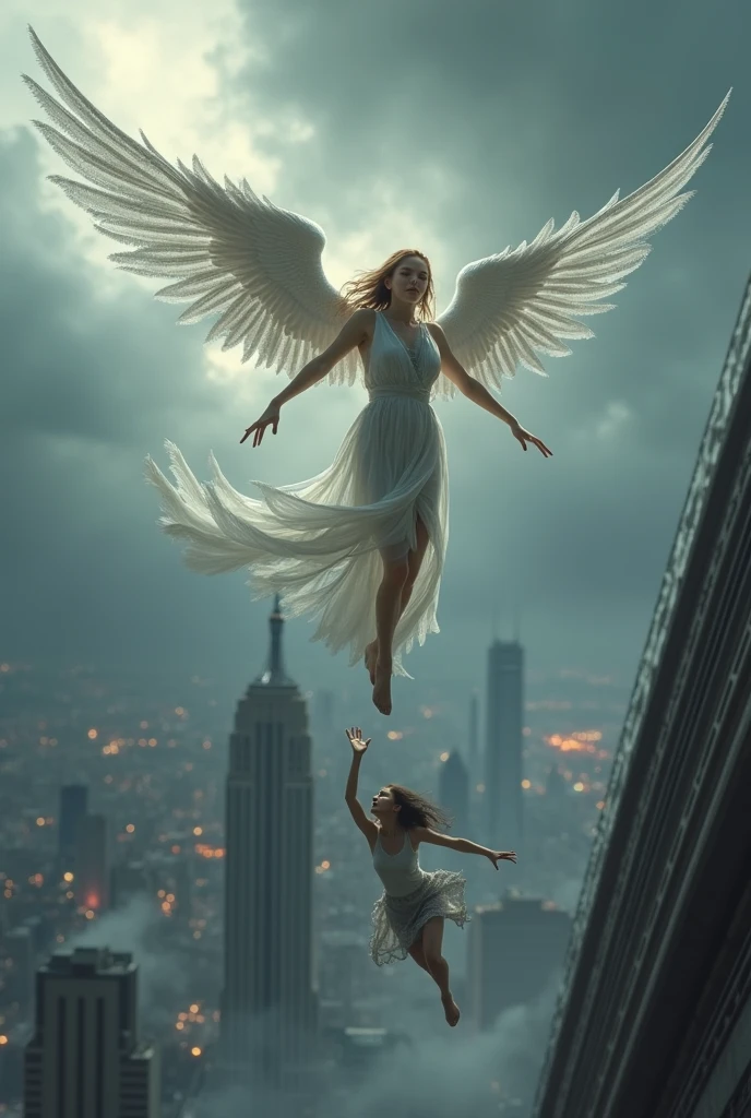 Androgyneous Angel with silver wings saves a young woman that falls of a skyscrapera rooftop