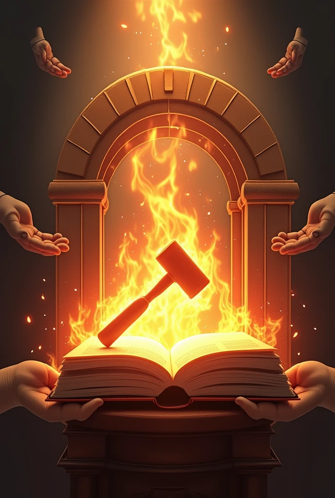 (photorealism:1.2), Supreme Secondary Learners Government in arc shape as words(english), book, hammer that represents work and hands on the center, with flame that radiates all around