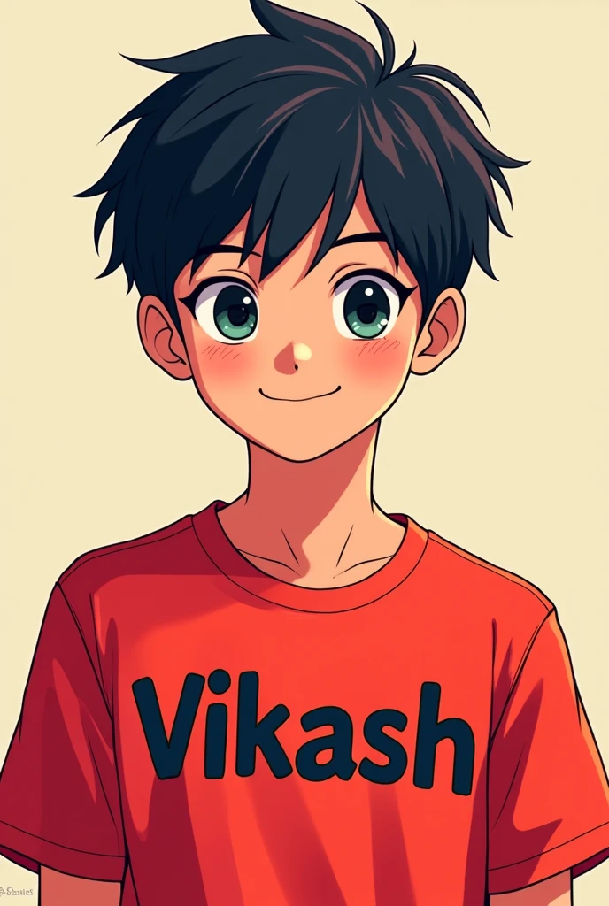 A anime boy wear red shirt and write on his shirt vikash 