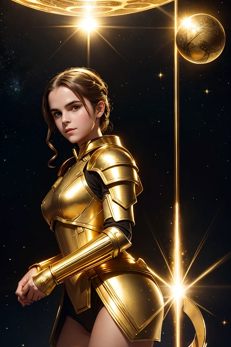 vintage scifi. vintage. EmmaWatson figure with a beautiful face floating in space, surrounded by few golden spheres, gold-and-white armor-like outfit . holding a large, gleaming spear.
dark background few golden spheres. The figure's pose, with their head tilted back, beautiful face.