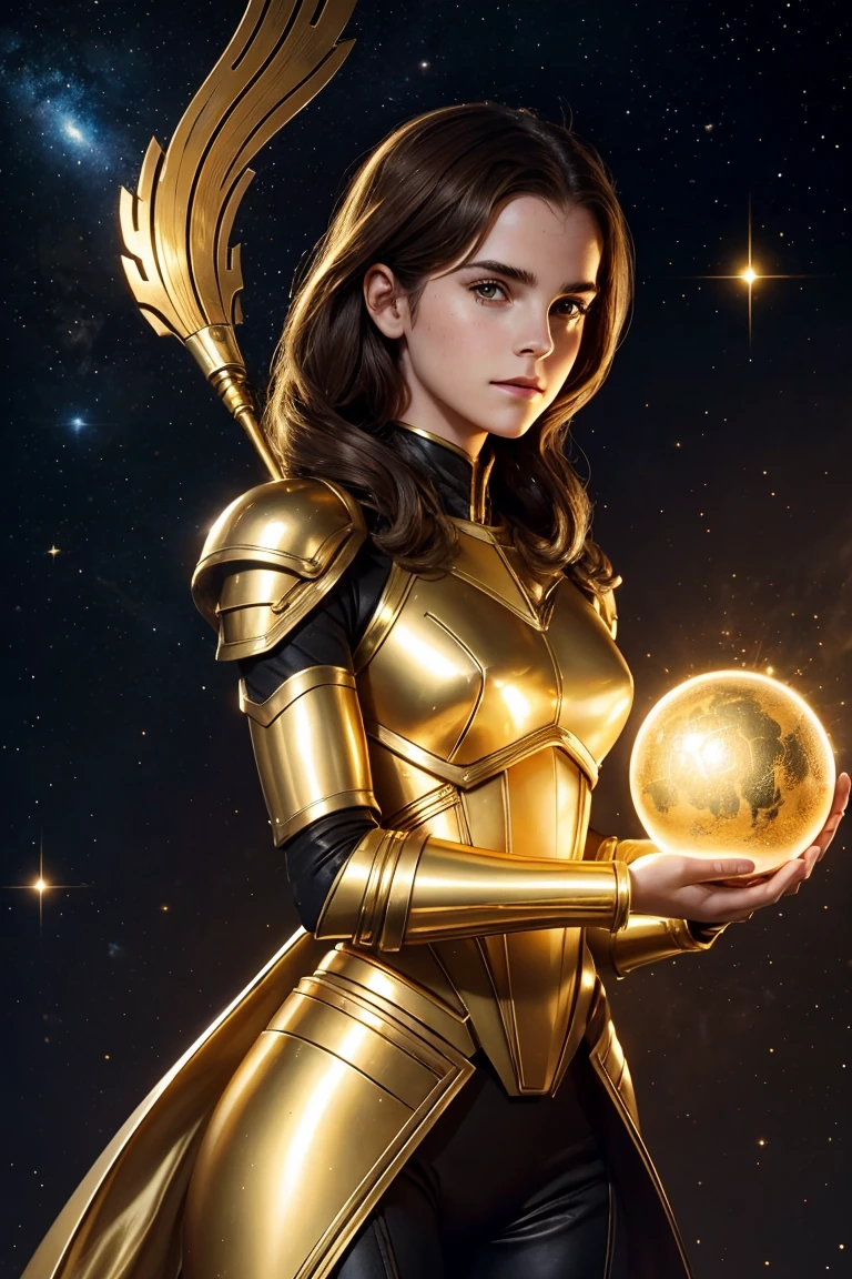 vintage scifi. vintage. teenEmmaWatson figure with a beautiful face floating in space, surrounded by few  golden spheres, gold-and-white armor-like outfit . holding a large, gleaming spear. 
dark background few golden spheres. The figure's pose, with their head tilted back, beautiful face.