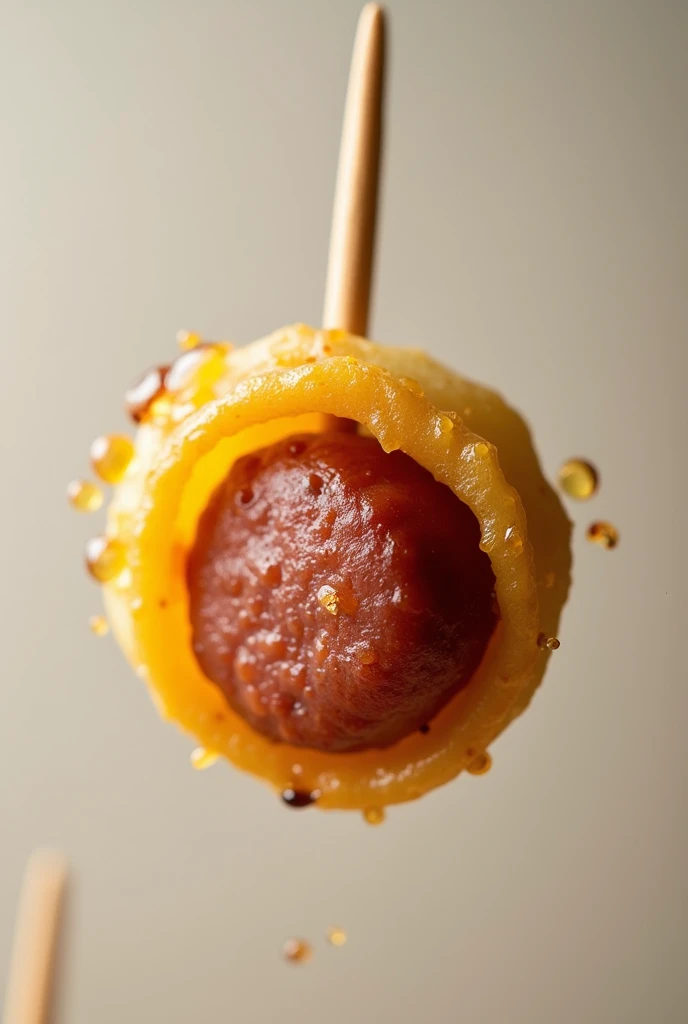 Piece of sausage wrapped in a slice of potato, stuck in a toothpick