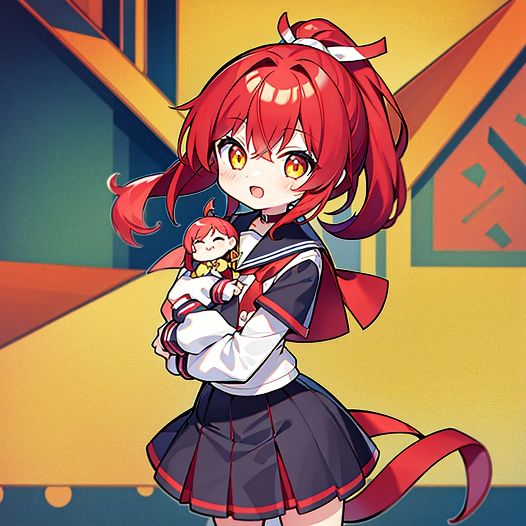 girl、high school girl、ponytail、Red Hair、Red hair、Yellow Eyes、Yellow cardigan、Sailor suit、cute、Mini character、Chibi Character