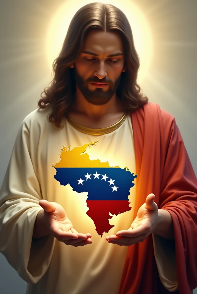 Tricolor map of Venezuela , yellow, blue and red in the hands of Jesus Christ, protecting her