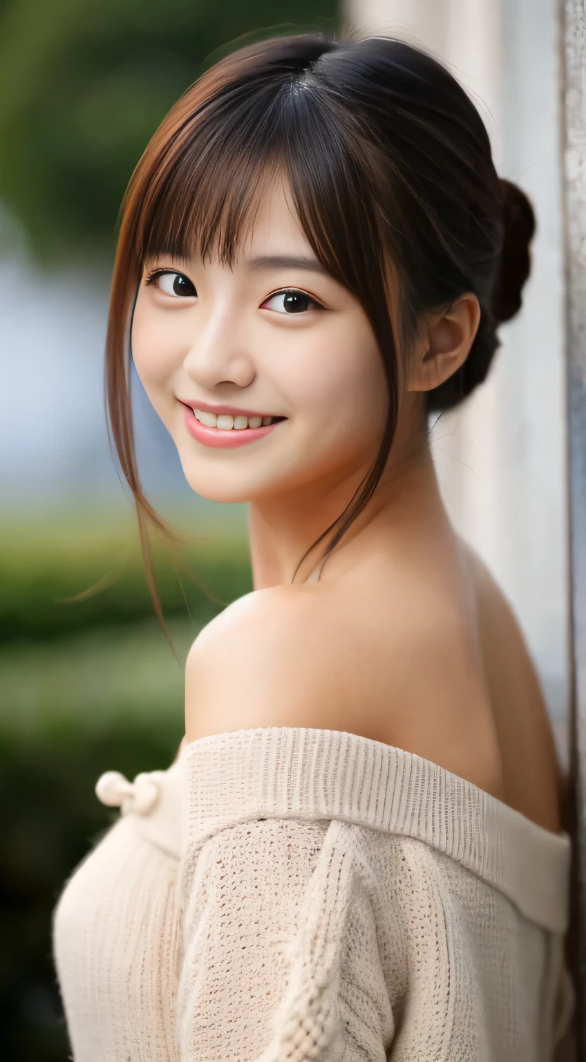 masterpiece,best quality,(Japanese girl),((Beautiful girl)),cleavage,(off shoulder:1.2),(perfect body beauty:1.2),(shy smile),From slightly above