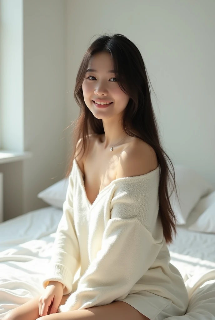 candid shot , looking at viewer, Girl , with long dark straight hair, wearing white cleavage off-shoulder sweater, on a bed in a sunlit bedroom , studio light filters , creates a clean, minimalist look, relaxing, happy , sunlight , white skirt,