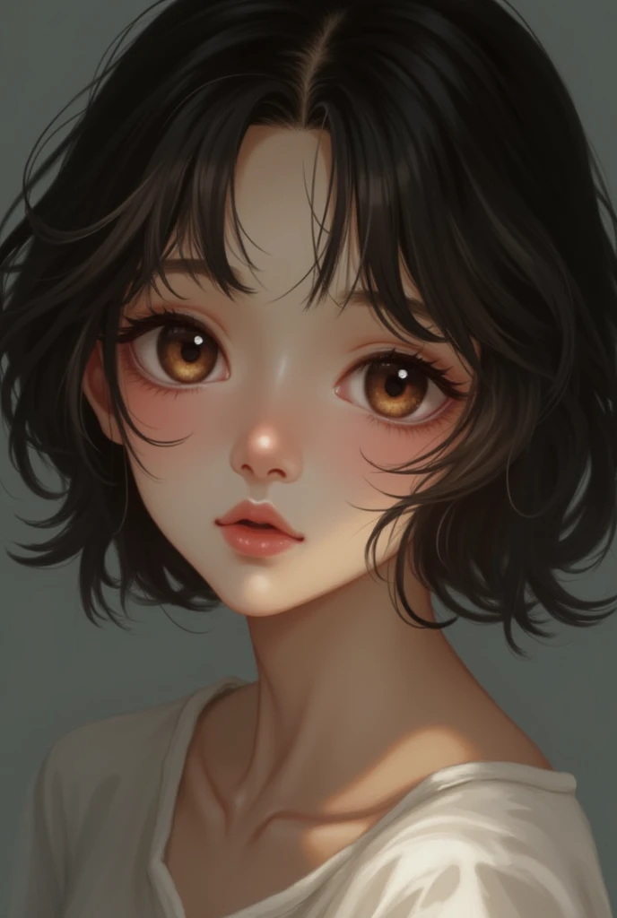 short brunette hair, big brown eyes, shy, long eyelashes