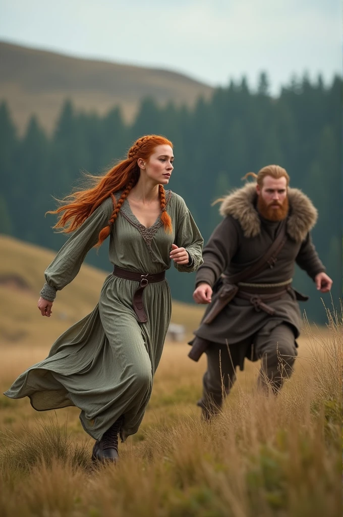 a 20 year old peasant girl, natural redhead with viking hairstyles, dressed in sansa stark style is running, running away from ragnar lothbrok light hair, short beard.