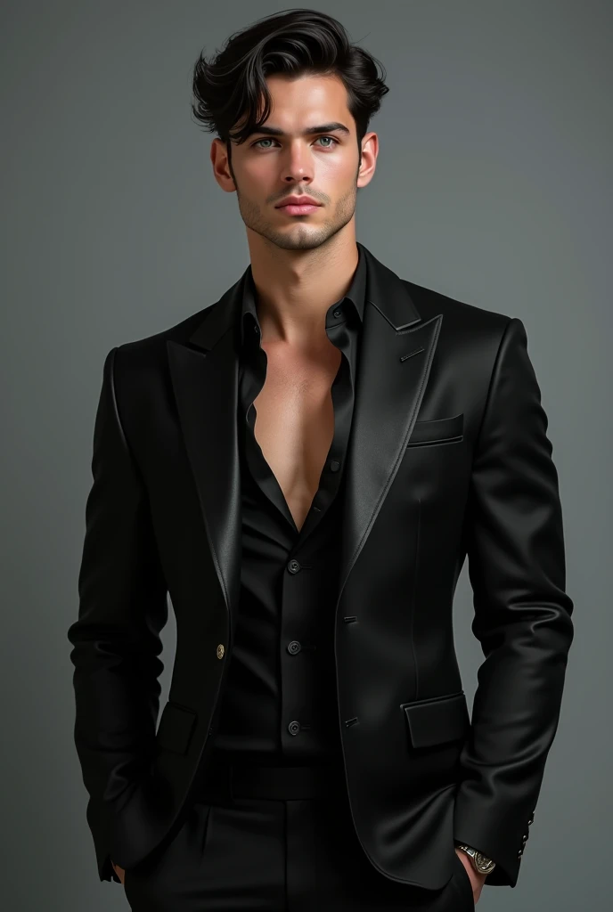 handsome 30 year old man, Her skin is white, her black and wavy hair. Her hair is combed but she has a curl that is on her forehead, has blue eyes, filled lips, tall and muscular. He has a black Victorino suit, elegant. Without beard. He does not have a beard. He looks young and seductive.