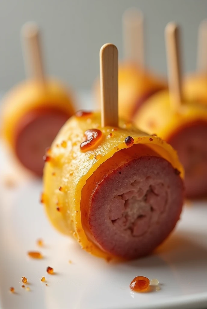 Piece of sausage wrapped in a slice of potato, stuck in a toothpick