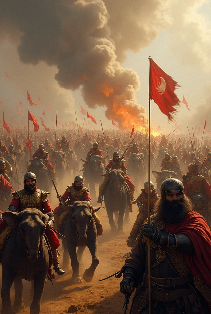 Image: A dramatic battlefield scene depicting Babur’s forces, equipped with cannons and artillery, engaging Sultan Ibrahim Lodi’s army. The scene should include the use of cannons against war elephants and the decisive moment of victory..