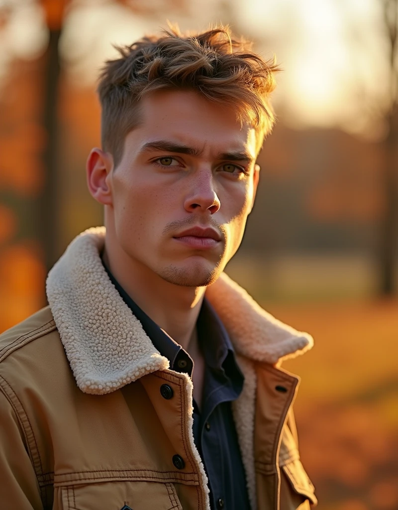 photo portrait of a Lanky 3 Swedish man with Medium complexion , crew cut hair, wearing a Beige Denim jacket, detailed clothes, textured clothes, outdoors, hdr, Studio quality, orange studio lighting, sharp focus, (diffuse light:1.3), (soft light:1.5), global illumination, orange atmosphere 