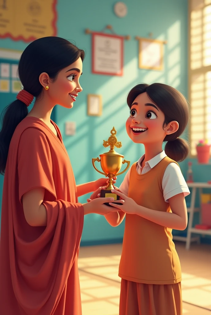 An indian school teacher awarding a girl for sports