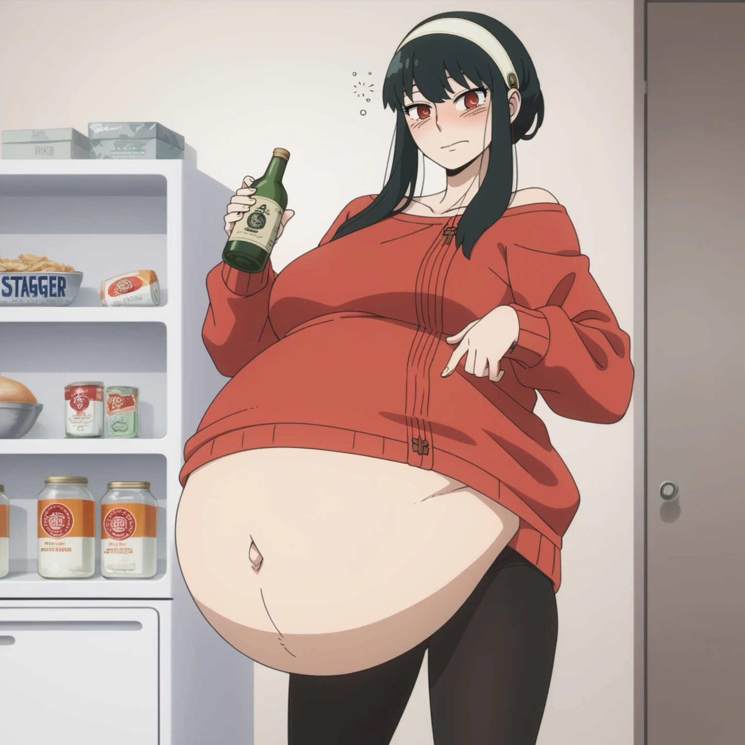 looking at viewer, solo, YorForger,1girl, ((middle breast)), ((belly stuffed)), ((huge belly)), ((very drunk)), ((staggers)), black hair, red eyes, short hair with long locks, white hairband, off shoulder, ((red sweater)), black pantyhose, ((drank too much)), ((exhausted)), ((agitated)), ((in front of a fridge)), ((open fridge)), ((lean on the fridge)),