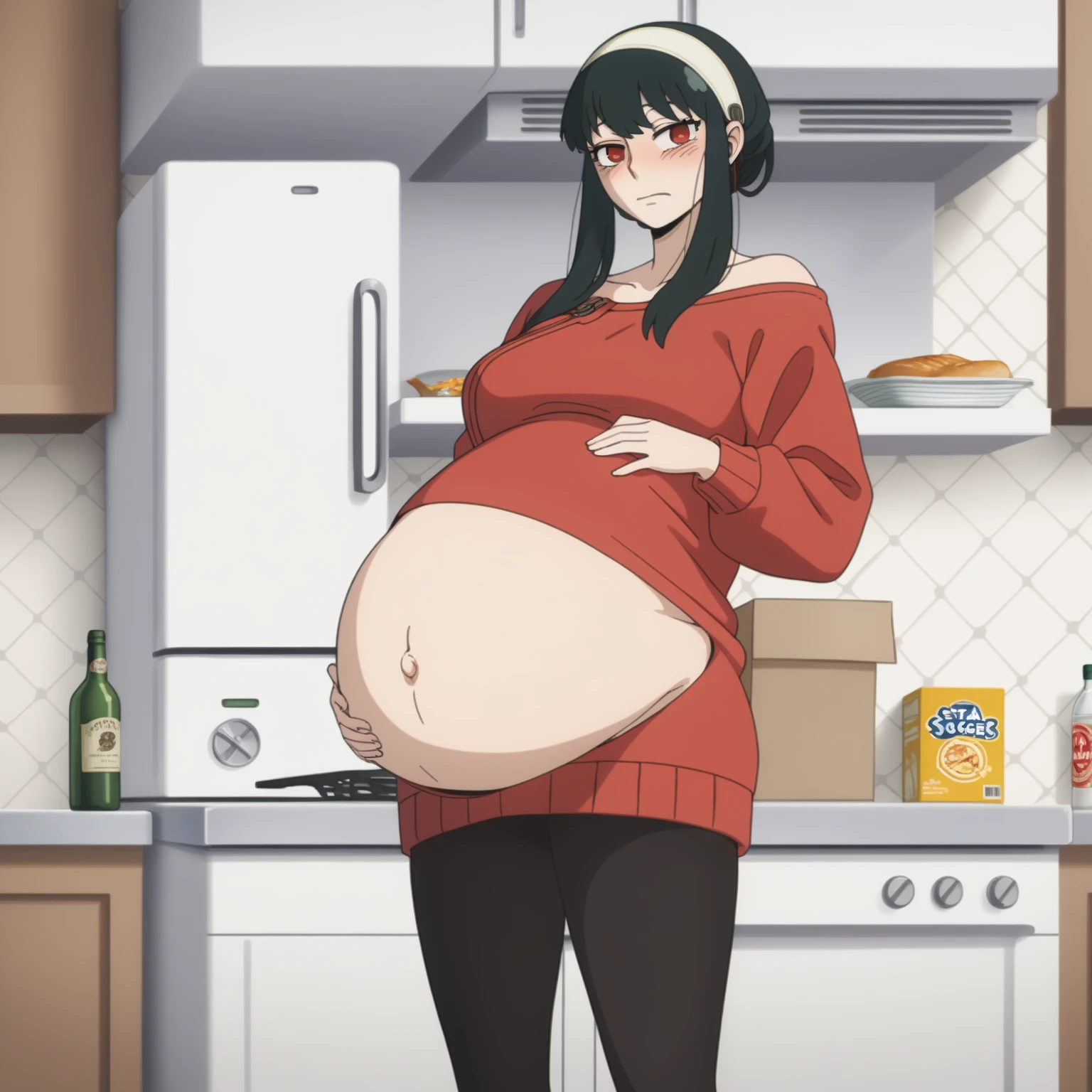 looking at viewer, solo, YorForger,1girl, ((middle breast)), ((belly stuffed)), ((huge belly)), ((very drunk)), ((staggers)), black hair, red eyes, short hair with long locks, white hairband, off shoulder, ((red sweater)), black pantyhose, ((drank too much)), ((exhausted)), ((agitated)), ((in front of a fridge)), ((open fridge)), ((lean on the fridge)),
