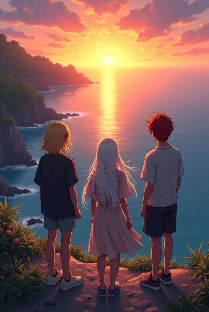 Draw three people with their backs turned looking at a horizon at sunset, looking across to another continent with lots of trees, separator by the sea, They are standing on the edge of a cliff. One of them is a blonde haired feminine man with shoulder length hair. Another person is gender neutral, brunette with very long white hair, This is the highest of the 3. The last person is a man, has, short dark red hair. Everyone wears clothes.