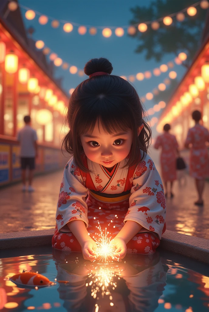 A girl in a yukata enjoying catching goldfish、The scene is at a night stall.、Crouching down and smiling at the beauty of the sparklers