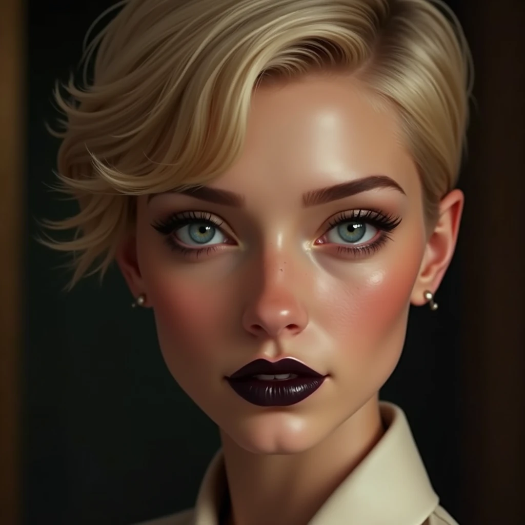 Adult female face, 20 years old, French, rich people, celebrity, arrogance, contemptuous, cruelty, Fine, clear, white skin without wrinkles or blemishes, Blonde, short hair, pixie cut, Forehead, arched, thin and light eyebrows, loose double eyelids, clear, reflective blue eyes, A straight, high nose, well-proportioned nostrils, dark lipstick, Shape cheek line, clean, thin and unbroken chin