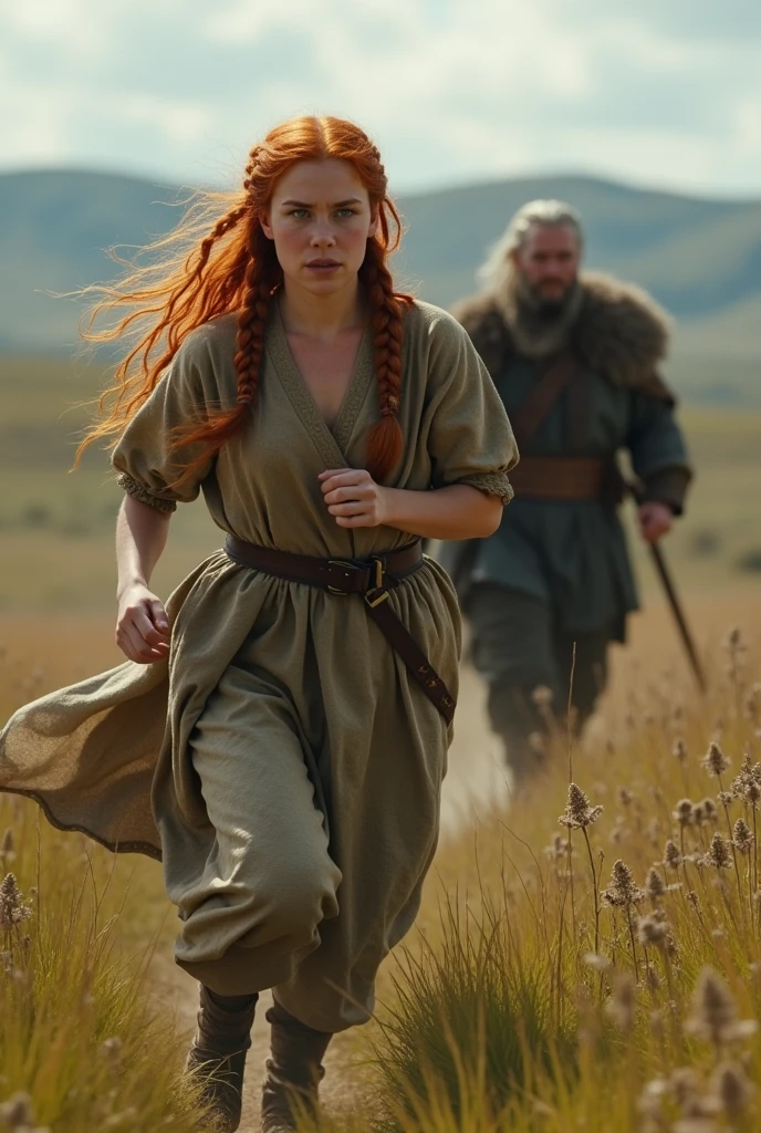 a 20 year old peasant girl, natural redhead with viking hairstyles, dressed in sansa stark style is running, fugindo de ragnar lothbrok, viking, clear hair, short beard.