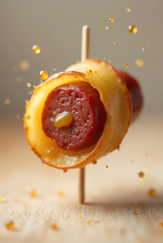 Piece of sausage wrapped in a slice of potato, stuck in a toothpick
