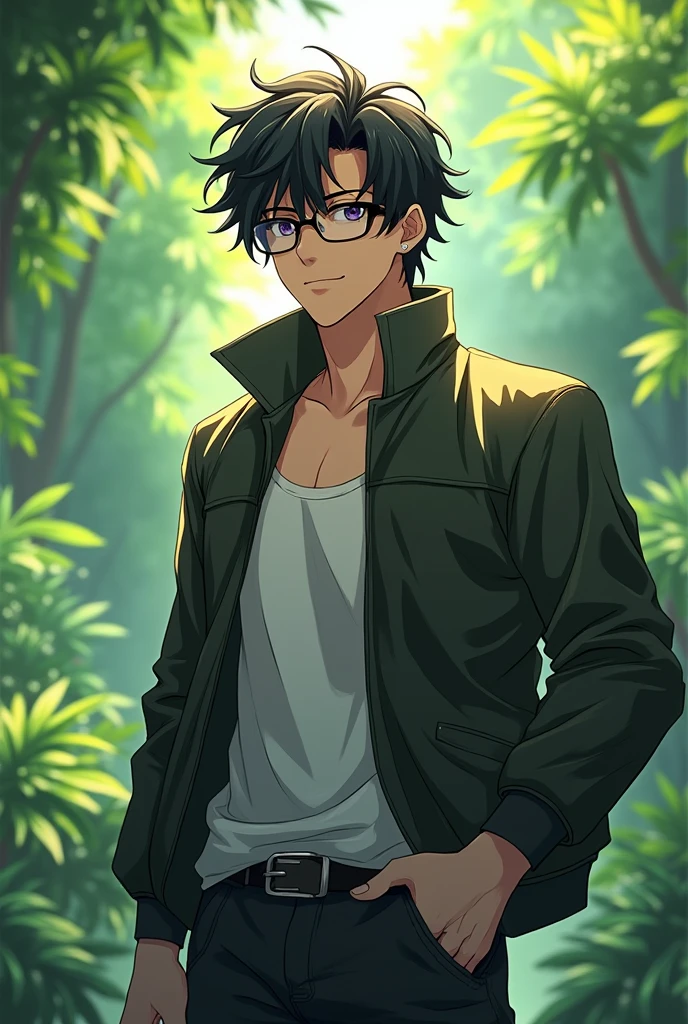 A most handsome ager 18 years boy, wide shoulder wearing eye glasses and stylish jacket with medium hair
Background was full green
Standing state and he is a anime character
