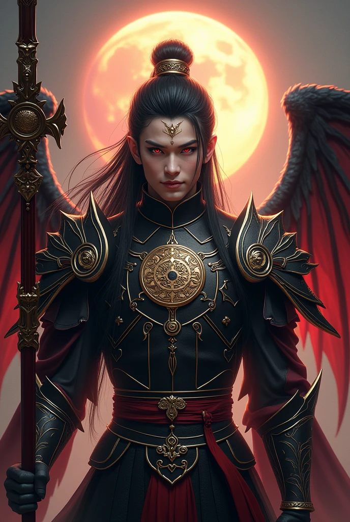 Handsome young xianxia protagonist,otherworldly handsomeness,guy,man,long black obsidian hair, Crimson red eyes combination ,and long black tint hair,and the golden rune motiv engraved on his forehead,use armour featuring like God of evil with black and silver dominant color,pauldron protective shape like dragon head,breastplate featuring like qiongqi four perils Chinese beast((search reference for 4 perils Chinese beast qiongqi)),breastplate detailed emperor dragon head shape,shoulder protective dragon shape like head red and blue,sun and moon and circling at the background,ultra detailed, combination of black and red dominant color,black obsidian dominant color, Crimson dark red dominant color armour,with majestic silver line ,held halberd of abyss,halberd extreme detailed, And demonic wings at back,demonic wings at back,terrifying aura around,24K ultra hd,face and eyes detail,lips and face detail,masterpiece ,better quality
