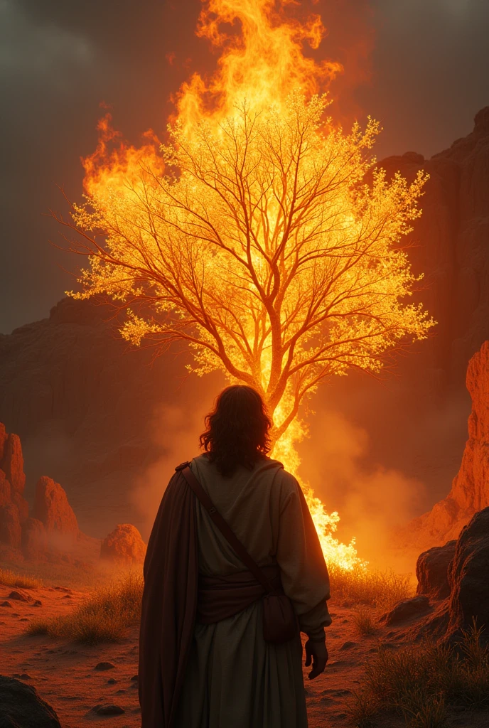 Create a realistic and cinematic image of Moses' burning bush, A bramble is a not very large bush..
