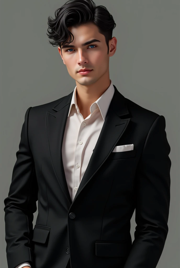 handsome 30 year old man, Her skin is white, her black and wavy hair. Her hair is combed but she has a curl that is on her forehead, has blue eyes, filled lips, tall and muscular. He has a black Victorino suit, elegant. Without beard. He does not have a beard. He looks young and seductive.