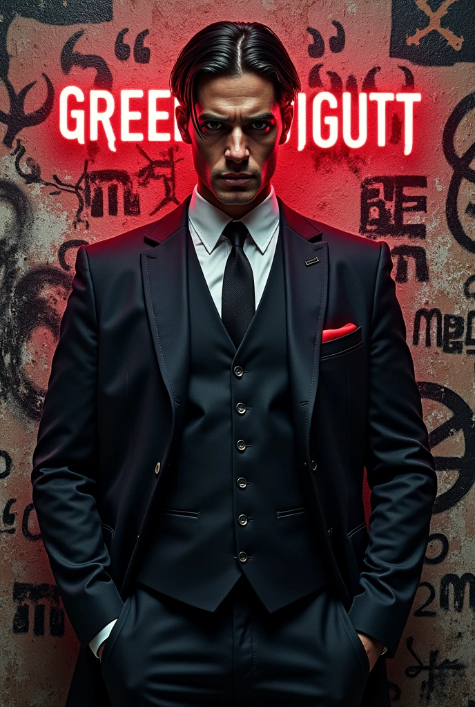 Gaming Profile Picture a man in picky blinders dress facing a wall full with cult graffiti neon black and red put a stylish graffiti text "GREEDIGUTT" in ice cold and blody color