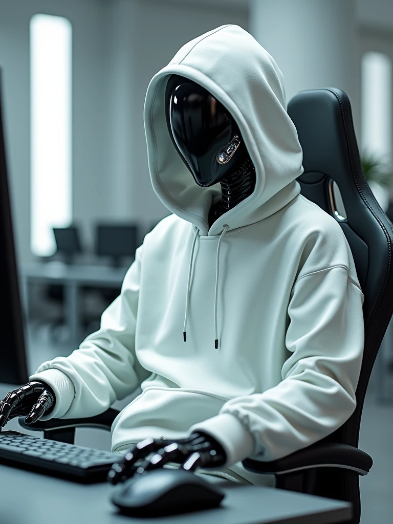 The robot in a white sweatshirt sits on a compulter armchair for computers in one hand mouse. There is a white hood on the head. (super quality), (cyberpunk), (photorealism). -imagine -