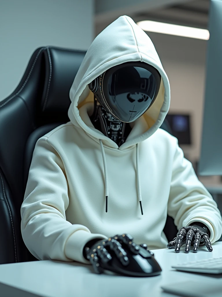 The robot in a white sweatshirt sits on a compulter armchair for computers in one hand mouse. There is a white hood on the head. (super quality), (cyberpunk), (photorealism). -imagine -