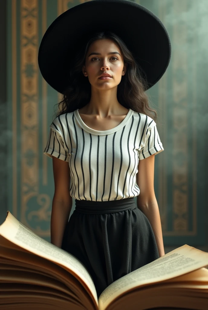 The prompt is magical realism,Full body nude girl,dressed in a white t-shirt,with black vertical stripes and black dress,sombreo negro,walking out of a storybook,23k from hyperreal..