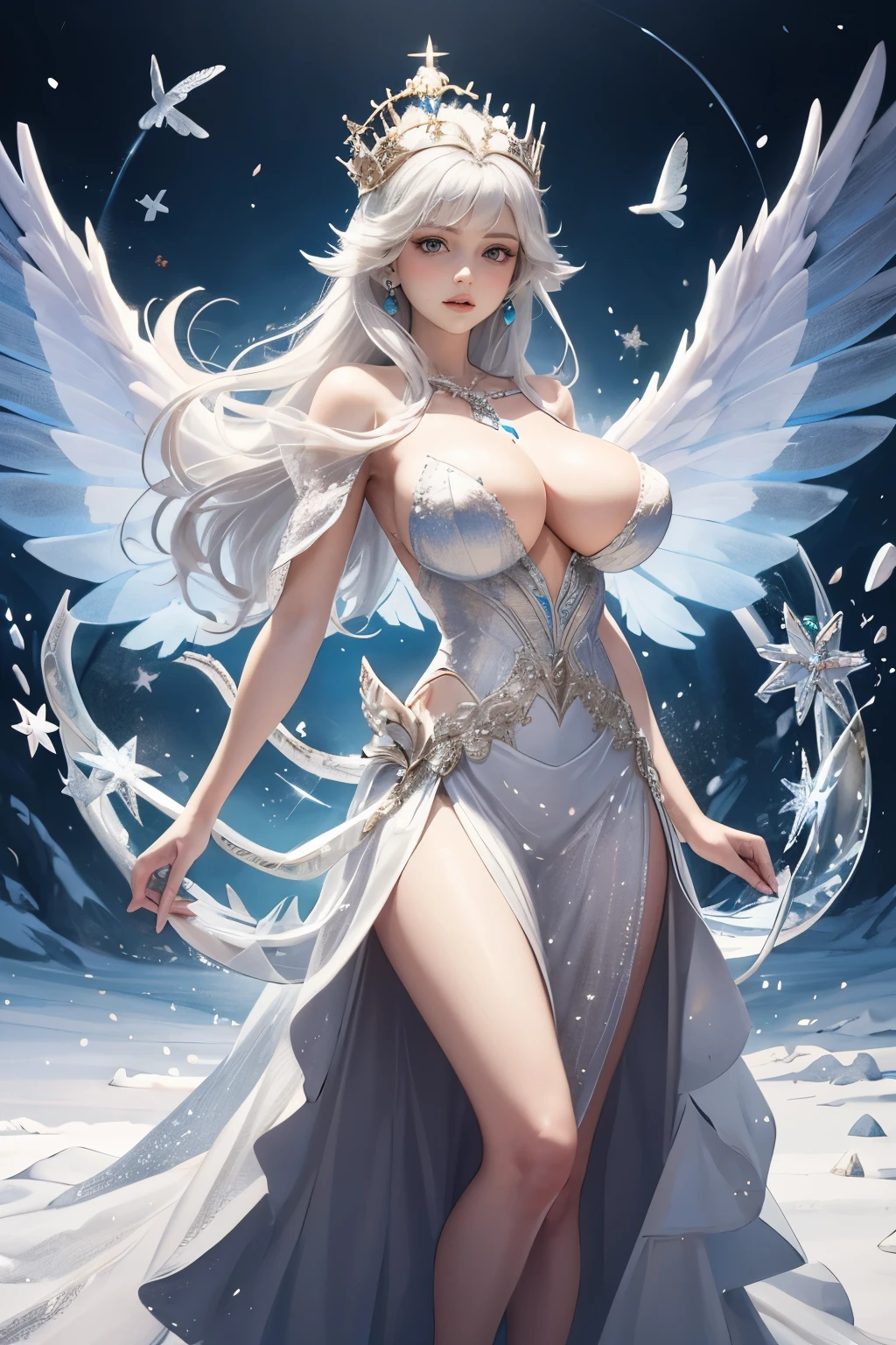 The Snow Queen, she wearing Long silver glittering dress , big breasts,The Ice crown On her head,Background is Ice snakes and Ice butterflies flying