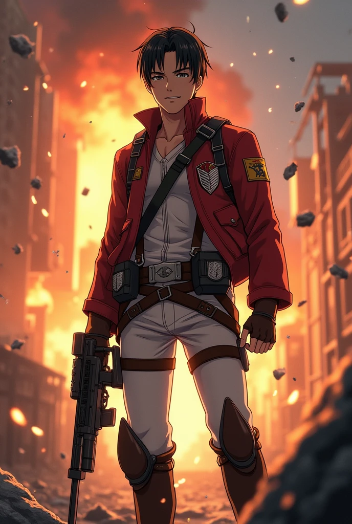 a slightly athletic Thai-Canadian man as Mikasa Ackerman. He wore a red jacket emblazoned with the iconic Wings of Freedom badge.. Under the jacket, white shirt peeking out, and the harness is part of the 3D maneuvering equipment system. In the midst of the explosion of fire, debris, and building ruins. dynamic standing firm holding a gun. neat short black hair. wearing a headband—a symbol of his unwavering loyalty. Wearing the Pra Regiment uniform