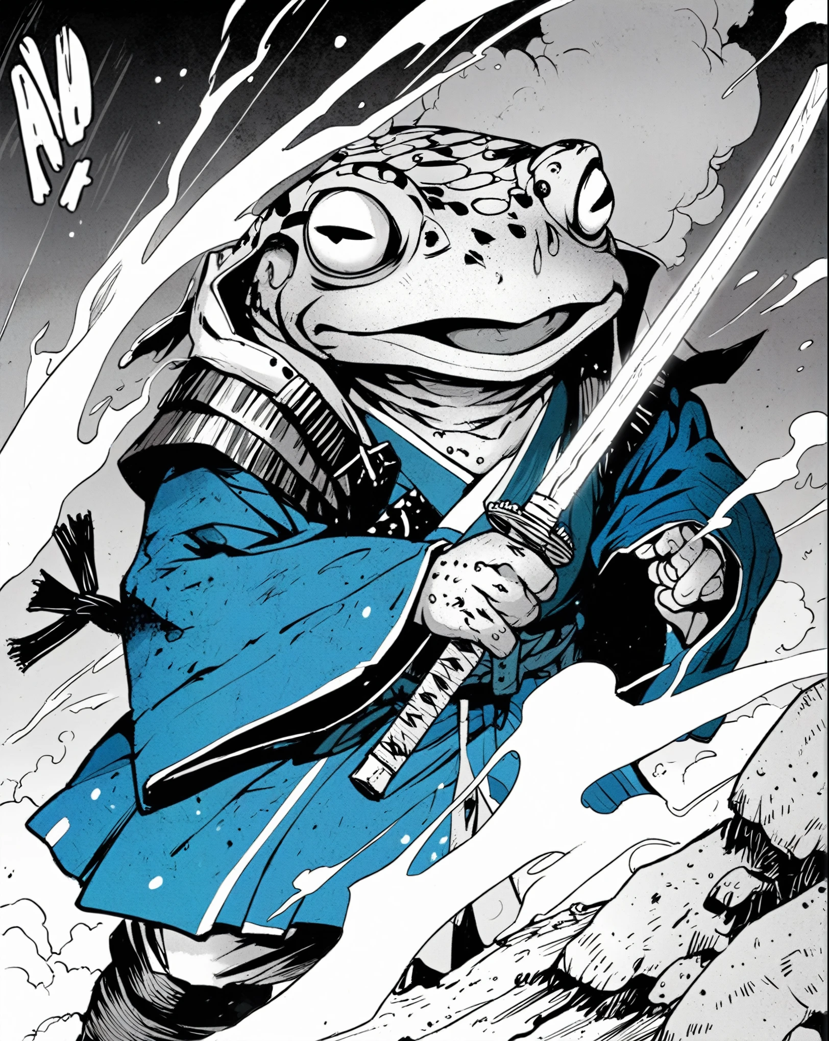 Ukiyo-e style。Orange toad samurai fighting bravely。A sword attack shock wave is drawn in black ink against a white sky。Grey striped coat、A hat made from woven bamboo bark or reeds。Glasses。Hold a ninjutsu scroll in your mouth。Wear a blue scarf around your neck。Kunai and Shuriken。