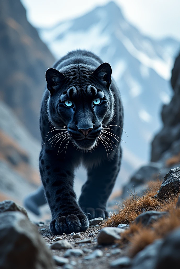 Black snow leopard with blue eyes in the mountains