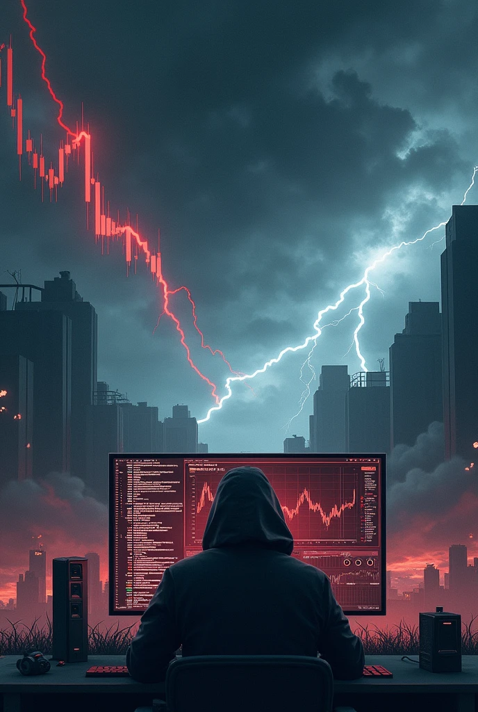 Create a digital image that illustrates different types of risks. Includes visual representations such as a natural disaster (For example, a storm), financial instability (like a falling stock market chart), and a cyber threat (like a hacker in front of a computer screen).