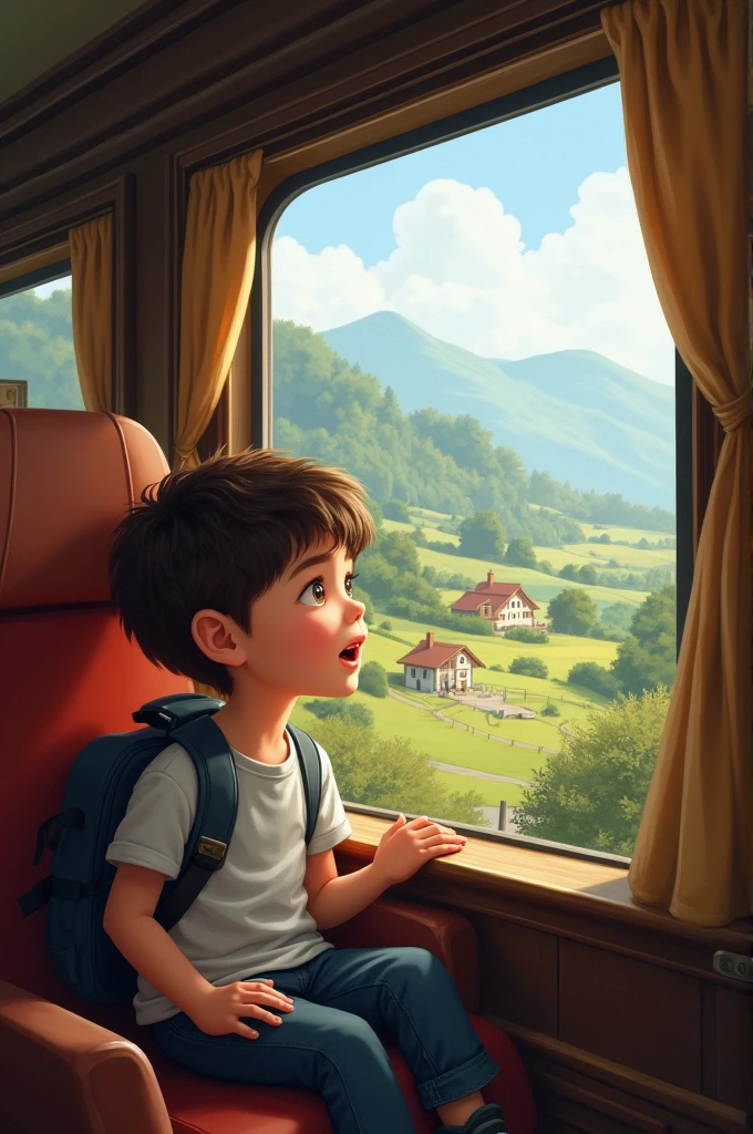 A boy travel in train