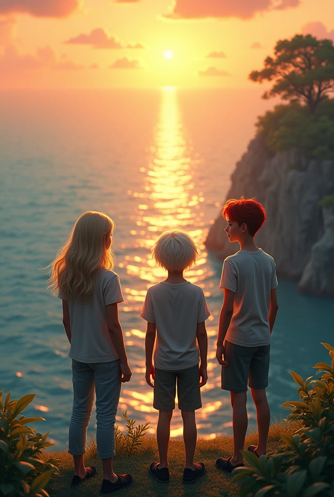 Draw three people with their backs turned looking at a horizon at sunset, looking across to another continent with lots of trees, separator by the sea, They are standing on the edge of a cliff. One of them is a blonde haired feminine man with shoulder length hair. Another person is gender neutral, brunette with very long white hair, This is the highest of the 3. The last person is a man, has, short dark red hair. All around 20 years old.