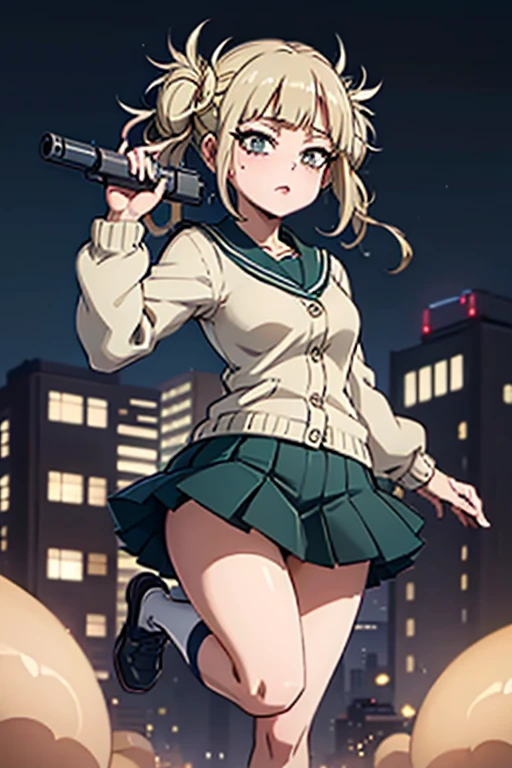 Highest quality、Ultra HD、One Woman、(Green twintails 1.3)、(Sailor suit 1.3)、(Black Loafers 1.1)、(Beige cardigan 1.1)、((Shooting a gun 1.2))、(White knee-high socks 1.2)、(Japanese Idol Face 1.2)、2 female、Slender body、(Night city background 1.2)、((Clear and beautiful touch))