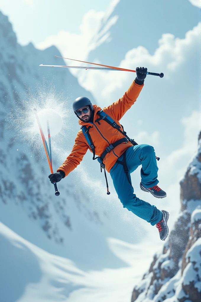 30 years Indian man is skidiving with poles on the snow mountain, large snow ball is fall on him, he's in the middle of the air and poles are also in the air, he wears orange jacket, blue pant, helmet, black glasses