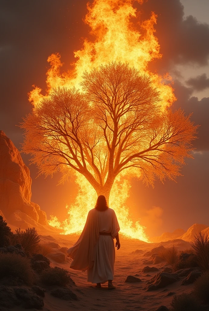 Create a realistic and cinematic image of Moses' burning bush, A bramble is a bush.