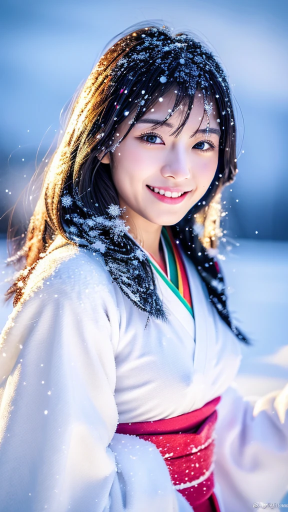 (highest quality, 8k, High resolution, masterpiece:1.5, ), beautiful japanese girl, snow girl, 20-year-old, perfect human anatomy, big magical eyes, serious expression, Detailed black hair tousled by the wind, Long hair that shines like an aurora, asymmetrical bangs, smooth and soft white skin, ((white kimono)), fine fabric, (colorful sparkling snow effect:1.3), ((Snowy mountain in blizzard)), professional lighting, professional photographer, Professional models、Big Breasts、smile