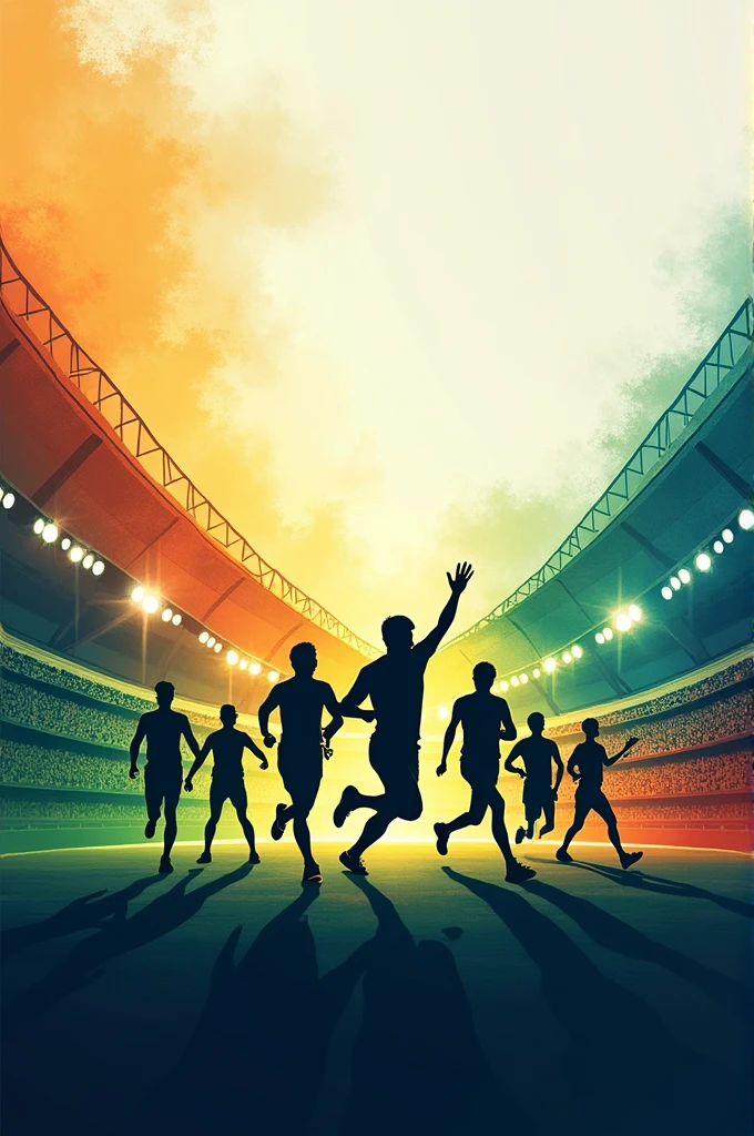 Create a vibrant and dynamic background celebrating National Sports Day in India. The scene should feature a blend of iconic Indian sports such as cricket, kabaddi, football, and hockey. Use an energetic colour palette with shades of saffron, green, and blue, inspired by the Indian flag. The background should have a modern, abstract design with subtle textures, including motion lines and gradients, conveying the spirit of movement and athleticism. Include elements like stadium lights, cheering crowds, and silhouettes of athletes in action to capture the essence of sportsmanship and unity.