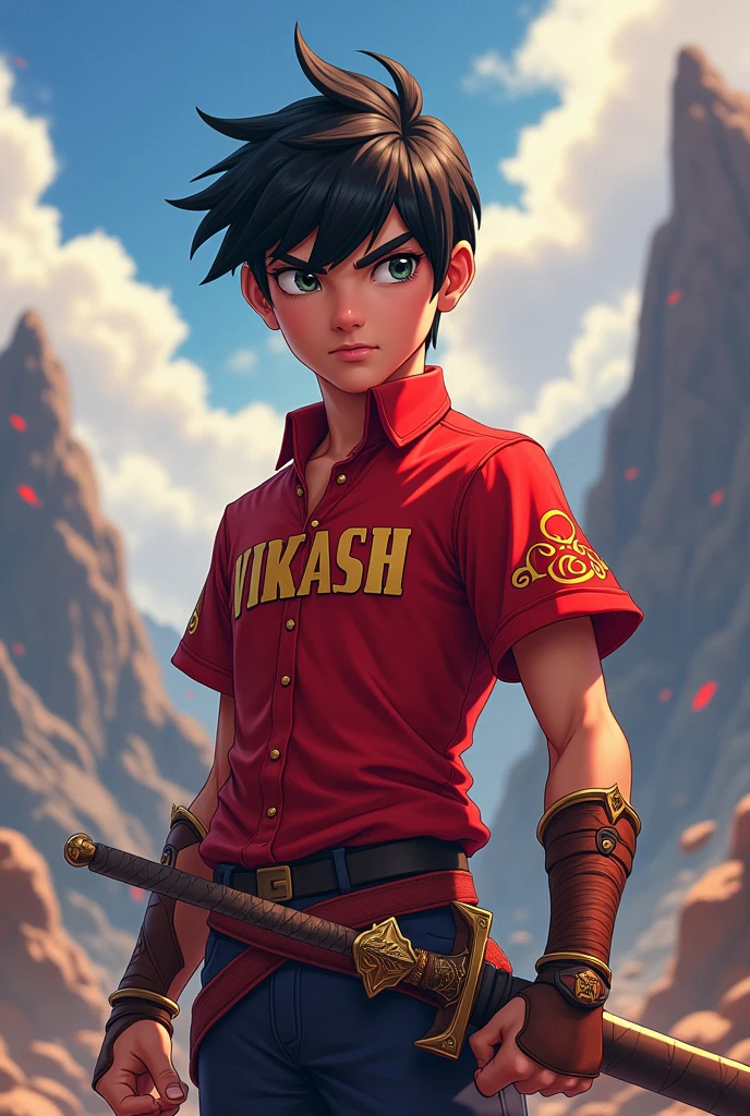 A warrior anime boy wear red shirt and write on his shirt vikash in 4k quality 