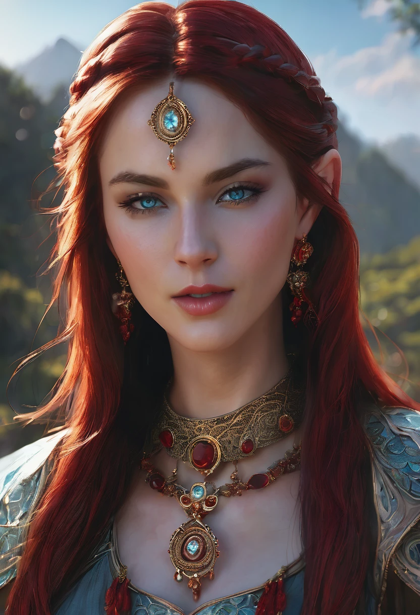 (masterpiece:1.3), (8k, photorealistic, raw photo, Best Quality: 1.4), (1 girl), beautiful face, (realistic face), (Red hair, Long hair:1.3), beautiful hairstyle, realistic eyes, beautiful detailed eyes, (Realistic skin), beautiful skin, masterpiece, detailed face, detailed eyes, beautiful, of the highest quality, (elf woman, Dark, Madura))), (light blue aquamarine eyes), (((wearing a delicate red gemstone earring))), (Wearing a shiny moonstone necklace necklace), eyelash, ( usando arMadura sexy), whole lip, blushing lascivious face, [janet], [Alicia], "Beautiful adult face" , 30 years , mujer Madura , adult,(dark fantasy), absurdities, attractive, ultra high resolution, ultra realistic, Very detailed, golden ratio, elder ring style background, The woman is carrying a sword-edged staff, 