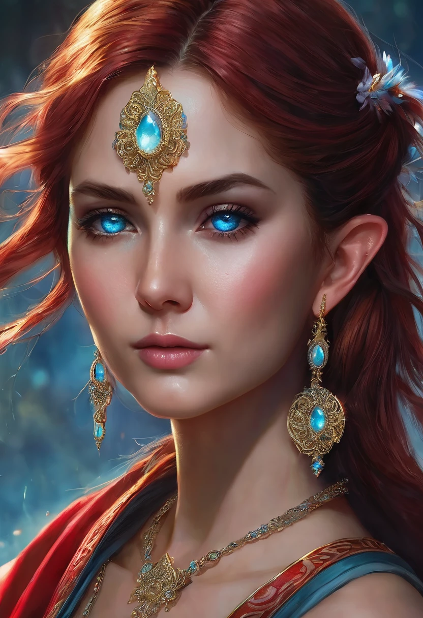 (masterpiece:1.3), (8k, photorealistic, raw photo, Best Quality: 1.4), (1 girl), beautiful face, (realistic face), (Red hair, Long hair:1.3), beautiful hairstyle, realistic eyes, beautiful detailed eyes, (Realistic skin), beautiful skin, masterpiece, detailed face, detailed eyes, beautiful, of the highest quality, (elf woman, Dark, Madura))), (light blue aquamarine eyes), (((wearing a delicate red gemstone earring))), (Wearing a shiny moonstone necklace necklace), eyelash, ( usando arMadura sexy), whole lip, blushing lascivious face, [janet], [Alicia], "Beautiful adult face" , 30 years , mujer Madura , adult,(dark fantasy), absurdities, attractive, ultra high resolution, ultra realistic, Very detailed, golden ratio, elder ring style background, The woman is carrying a sword-edged staff, 
