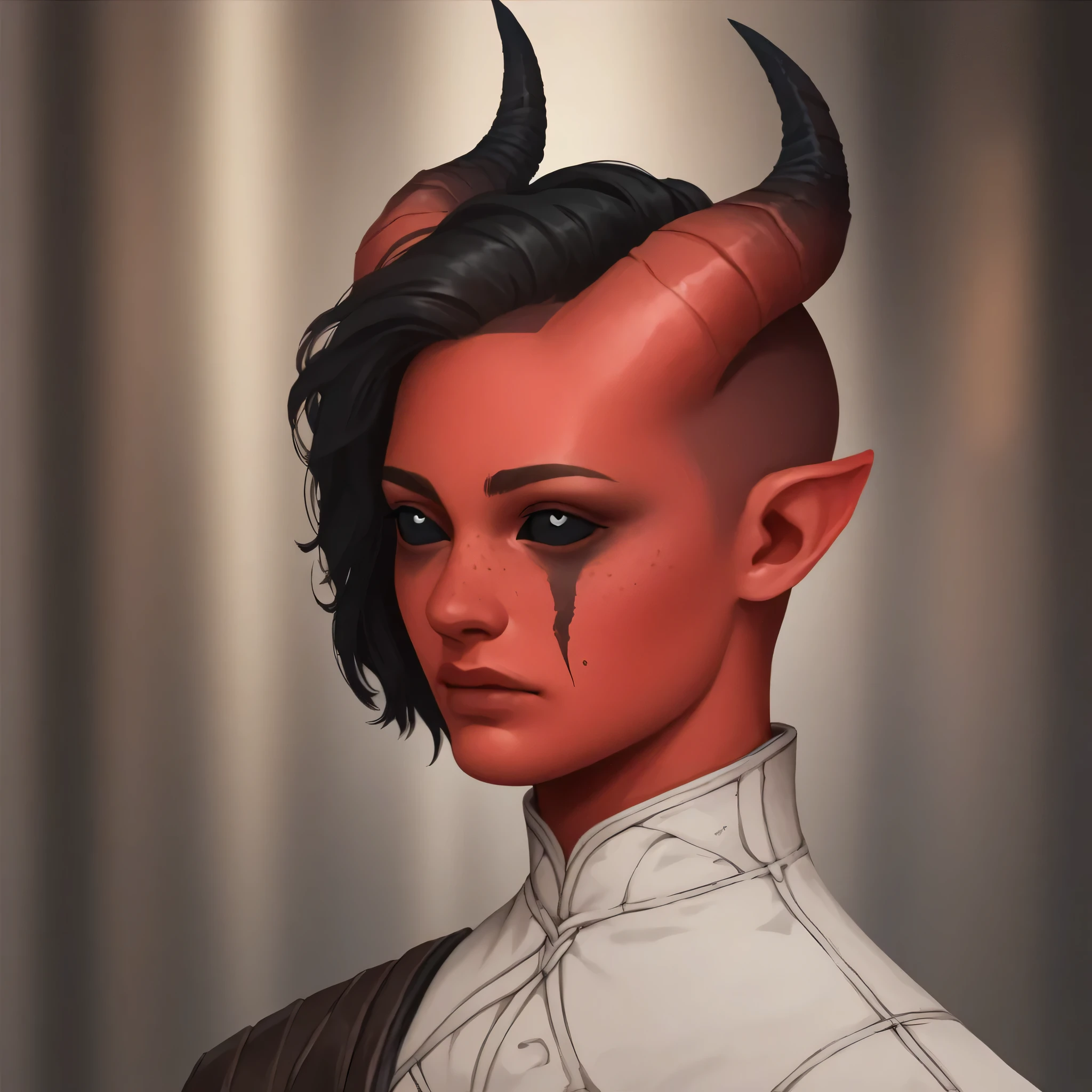 (((beautiful, high quality))), portrait, score_9, score_8_up, score_7_up, Tiefling, pointed ears, (black horns), black eyes, black sclera, androgynous, 1girl, masculine, red skin, shaved sides, man bun, black hair, (black eyes), black face paint, scars, freckles white shirt, fantasy background, blurred background