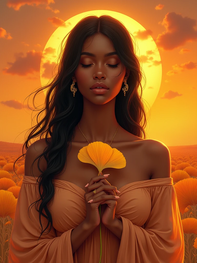 1girl, black hair, closed eyes, dark skin, earrings, ginkgo leaf, gradient, gradient background, jewelry, long hair, male focus, orange background, orange sky, orange theme, own hands clasped, own hands together, solo, sunset, upper body, yellow background, yellow sky, vibrant colors, fantasy