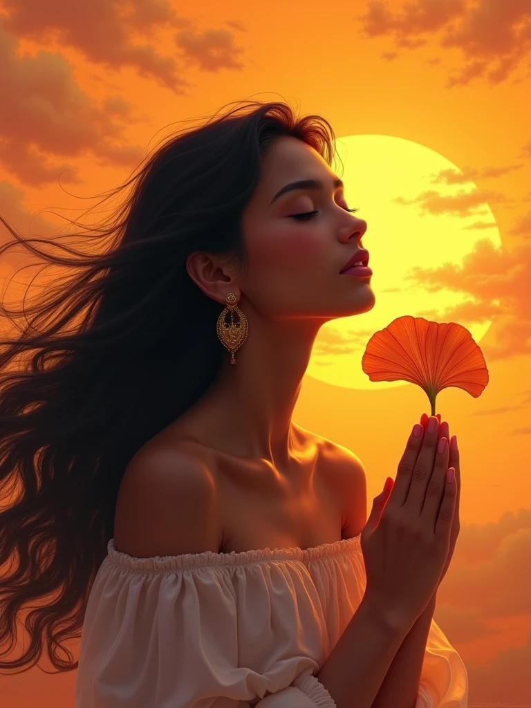 1girl, black hair, closed eyes, dark skin, earrings, ginkgo leaf, gradient, gradient background, jewelry, long hair, male focus, orange background, orange sky, orange theme, own hands clasped, own hands together, solo, sunset, upper body, yellow background, yellow sky, vibrant colors, fantasy